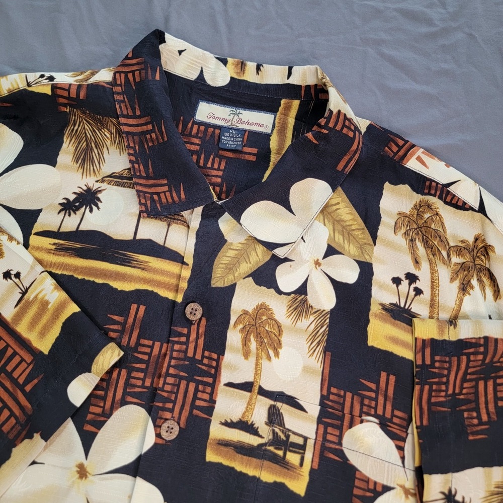 Tommy Bahama Shirt Mens XL Black 100% Silk Tropical Palm Leaf Button UP Island